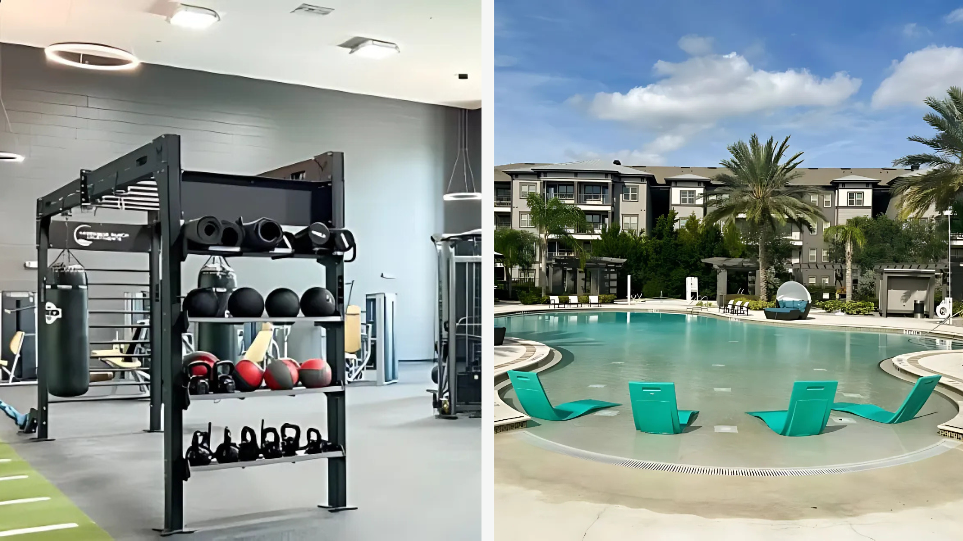 Modern apartment amenities including a fully equipped fitness center and resort-style swimming pool with lounge chairs.